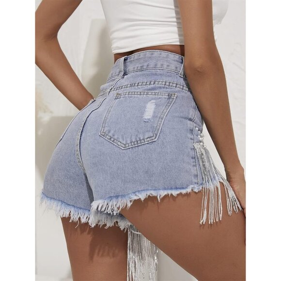 Women Denim Shorts Rhinestone Pearl Beaded Fringe High Waisted Summer Casual - Picture 4 of 6
